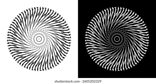 Abstract background with lines pattern in circles. Spiral art design as logo or icon. A black figure on a white background and the same white figure on the black side. Mandala with line pattern.