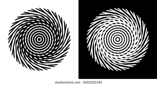 Abstract background with lines pattern in circles. Spiral art design as logo or icon. A black figure on a white background and the same white figure on the black side. Mandala with line pattern.