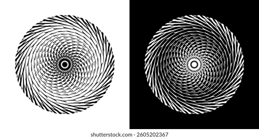 Abstract background with lines pattern in circles. Spiral art design as logo or icon. A black figure on a white background and the same white figure on the black side. Mandala with line pattern.