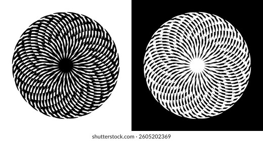 Abstract background with lines pattern in circles. Spiral art design as logo or icon. A black figure on a white background and the same white figure on the black side. Mandala with line pattern.