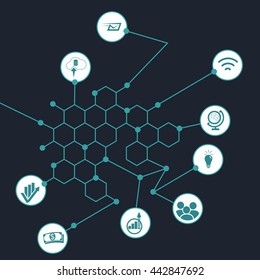 Abstract background with lines, polygons, integrate flat icons. Associated symbols on a digital, network, connect, Analytics, social media, market concept. Vector illustration.