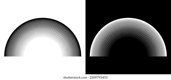 Fondo Abstractas con líneas en semicírculo. Espiral de diseño de arte como logotipo o icono. Una figura negra sobre un fondo blanco y una figura igualmente blanca en el lado negro.