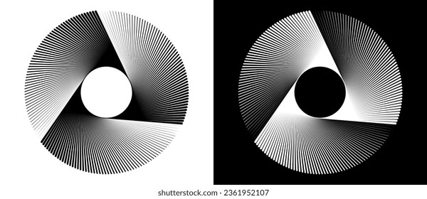 Abstract background with lines in spiral. Art design circle concept with 3 segments. Black lines on a white background and white lines on the black side.