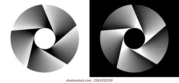 Abstract background with lines in spiral. Art design circle concept with 5 segments. Black lines on a white background and white lines on the black side.