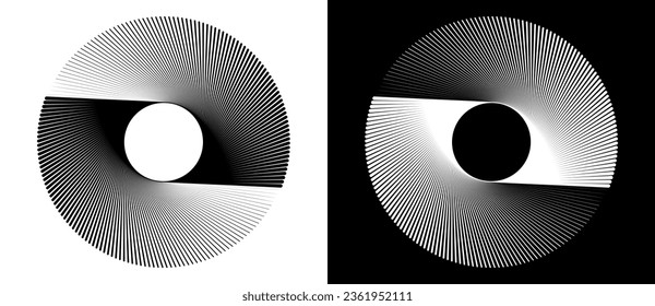 Abstract background with lines in spiral. Art design circle concept with 2 segments. Black lines on a white background and white lines on the black side.