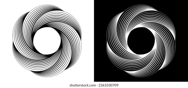 Abstract background with lines in spiral. Art design circle concept with 6 segments like a flower. Black lines on a white background and white lines on the black side.