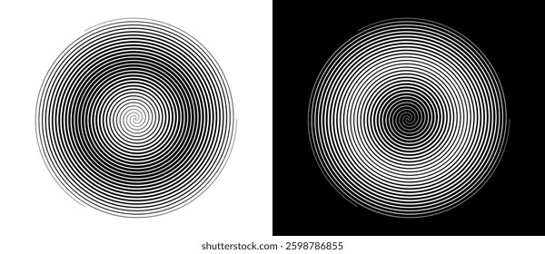 Abstract background with lines in spiral. Art design circle as logo or icon. A black figure on a white background and an equally white figure on the black side.