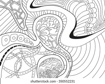 Abstract background with lines, wave and flowers in black and white colors. Vector illustration.