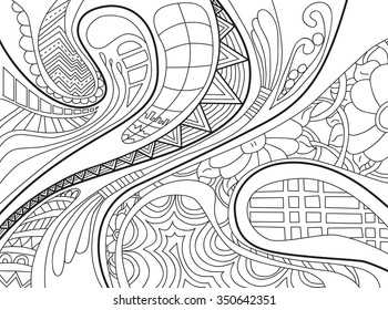 Abstract background with lines, wave and flowers in black and white colors. Vector illustration.