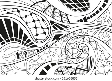 Abstract background with lines, wave and flowers in black and white colors. Vector illustration.