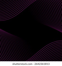 Fundo abstrato com linhas e ondas. Faixa. Elemento de design isolado em preto. Fundo vetorial para brochura, livreto, folheto, cartaz. Gradiente rosa e preto. Roxo, escuro, noite