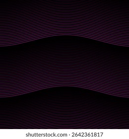 Fundo abstrato com linhas e ondas. Faixa. Elemento de design isolado em preto. Fundo vetorial para brochura, livreto, folheto, cartaz. Gradiente rosa e preto. Roxo, escuro, noite