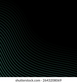 Fundo abstrato com linhas e ondas. Faixa. Elemento de design isolado em preto. Fundo vetorial para brochura, livreto, folheto, cartaz. Gradiente de azul e preto. Turquesa, escuro, noite