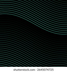 Fundo abstrato com linhas e ondas. Faixa. Elemento de design isolado em preto. Fundo vetorial para brochura, livreto, folheto, cartaz. Gradiente de azul e preto. Turquesa, escuro, noite