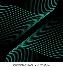 Fundo abstrato com linhas e ondas. Faixa. Elemento de design isolado em preto. Fundo vetorial para brochura, livreto, folheto, cartaz. Gradiente de azul e preto. Turquesa, escuro, noite