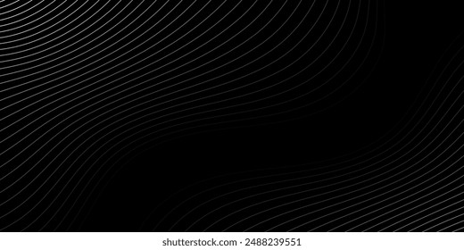 Abstract background with lines and waves. Medium banner size. Element for design. Vector background for brochure, booklet, flyer, poster. Black and white gradient. Dark, night