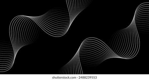 Abstract background with lines and waves. Medium banner size. Element for design. Vector background for brochure, booklet, flyer, poster. Black and white gradient. Dark, night