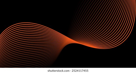 Fundo abstrato com linhas e ondas. Tamanho médio do banner. Elemento de design. Fundo vetorial para brochura, livreto, folheto, cartaz. Gradiente preto e laranja. Escuro, noite. Outono, Natal