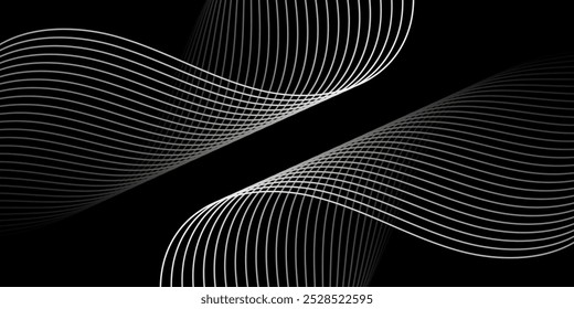 Fundo abstrato com linhas e ondas. Tamanho médio do banner. Elemento de design. Fundo vetorial para brochura, livreto, folheto, cartaz. Gradiente em preto e branco. Escuro, noite. Prata, metal