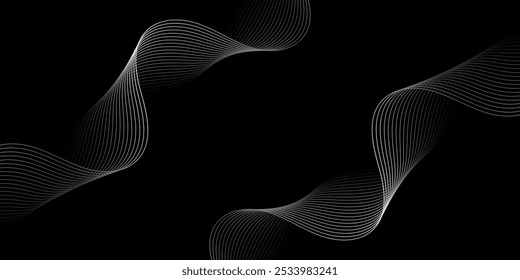 Fundo abstrato com linhas e ondas. Tamanho médio do banner. Elemento de design. Fundo vetorial para brochura, livreto, folheto, cartaz. Gradiente em preto e branco. Escuro, noite. Prata, metal