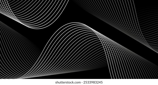 Fundo abstrato com linhas e ondas. Tamanho médio do banner. Elemento de design. Fundo vetorial para brochura, livreto, folheto, cartaz. Gradiente em preto e branco. Escuro, noite. Prata, metal