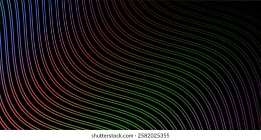 Abstract background with lines and waves. Medium banner size. Element for design isolated on black. Vector background for brochure, booklet, flyer, poster. Colorful and black gradient