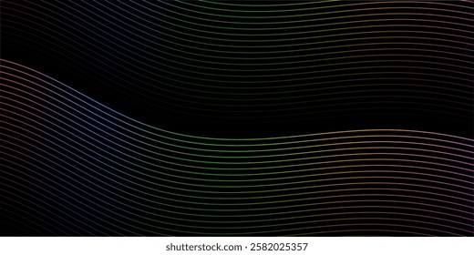 Abstract background with lines and waves. Medium banner size. Element for design isolated on black. Vector background for brochure, booklet, flyer, poster. Colorful and black gradient