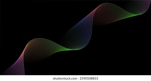 Abstract background with lines and waves. Medium banner size. Element for design isolated on black. Vector background for brochure, booklet, flyer, poster. Colorful and black gradient