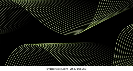 Abstract background with lines and waves. Medium banner size. Element for design isolated on black. Vector background for brochure, booklet, flyer, poster. Green and black gradient