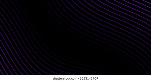 Abstract background with lines and waves. Medium banner size. Element for design isolated on black. Vector background for brochure, booklet, flyer, poster. Purple and black gradient