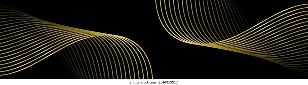 Abstract background with lines and waves. Web banner size. Element for design. Vector background for brochure, booklet, flyer, poster. Black and golden gradient. Gold, metal texture