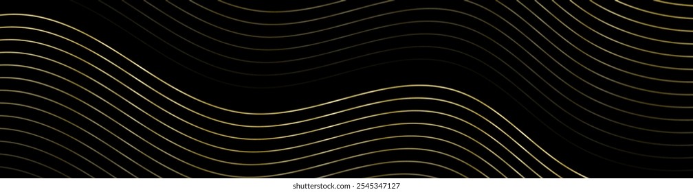 Fundo abstrato com linhas e ondas. Tamanho do banner da Web. Elemento de design. Fundo vetorial para brochura, livreto, folheto, cartaz. Gradiente preto e dourado. Ouro, textura metálica