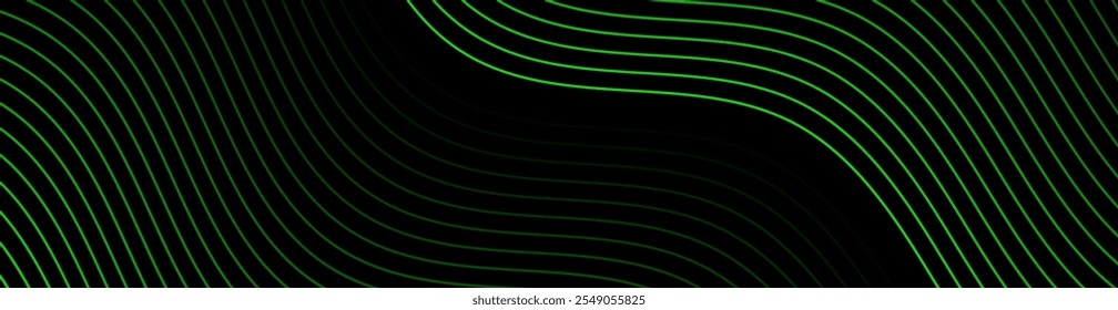 Fundo abstrato com linhas e ondas. Tamanho do banner da Web. Elemento de design. Fundo vetorial para brochura, livreto, folheto, cartaz. Gradiente em preto e verde