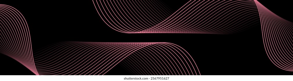 Abstract background with lines and waves. Web banner size. Element for design isolated. Vector background for brochure, booklet, flyer, poster. Pink and black gradient. Valentine's Day