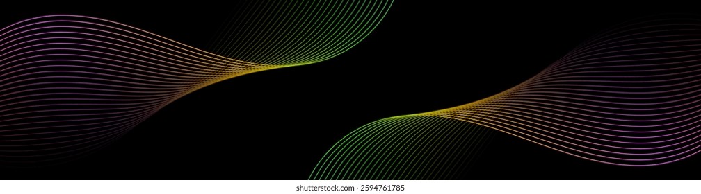 Abstract background with lines and waves. Web banner size. Element for design isolated. Vector background for brochure, booklet, flyer, poster. Colorful and black gradient