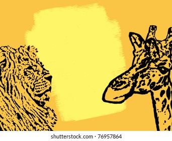 Abstract background with lion and giraffe stamp with space for text, vector illustration