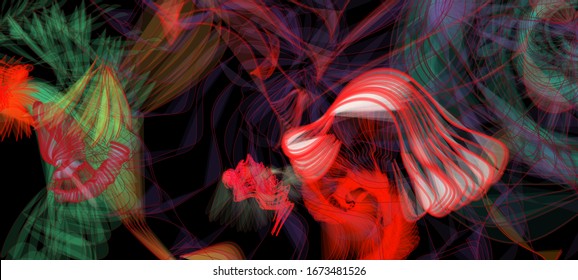 Antecedentes abstractos. Papel tapiz de colores líquidos. Estructura colorida del alambre formada por el entrelazado de líneas curvas suaves. Un entorno de plexo complejo que se asemeja a un patrón fractal.