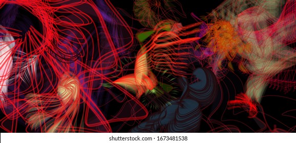 Abstract background. Liquid colors wallpaper. Colorful wireframe structure formed by the interweaving of smoothly curved lines. A complex plexus backdrop resembling a fractal pattern.