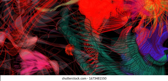 Abstract background. Liquid colors wallpaper. Colorful wireframe structure formed by the interweaving of smoothly curved lines. A complex plexus backdrop resembling a fractal pattern.