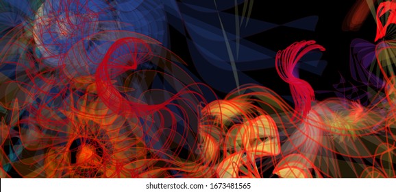Abstract background. Liquid colors wallpaper. Colorful wireframe structure formed by the interweaving of smoothly curved lines. A complex plexus backdrop resembling a fractal pattern.