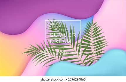 Abstract background with liquid dynamic waves fluid gradient shapes and palm leaves composition. Dynamic summer background. Eps10 vector illustration.