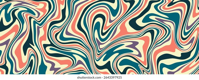 Um fundo abstrato com um padrão líquido de mármore ou psicodélico com fluido, redemoinho linhas. A paleta de cores retro cria um efeito groovy, dinâmico e hipnótico que lembra os anos 1960 e 1970.