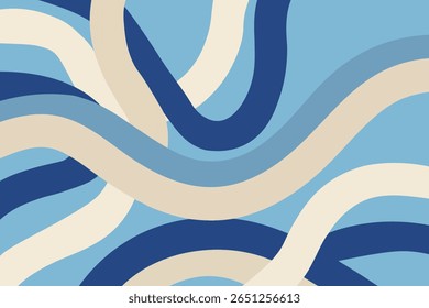 Abstract background with a lively pattern of wavy, organic lines in blue, beige, and white. A vibrant and playful modern design with rhythmic, undulating lines