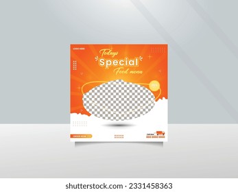 Con un fondo abstracto, logotipo e ícono, este restaurante de comida rápida está publicitando el post diseño de los medios sociales. Volante o afiche promocionando una venta online de pizza, hamburguesa, pasta y más.