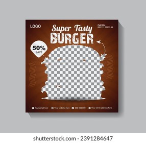 Con un fondo abstracto, logotipo e icono, este diseño de plantilla para un post en medios sociales o banner en línea promueve restaurantes de comida rápida. Volante o pancarta promocionando la venta online de pizza fresca, hamburguesa