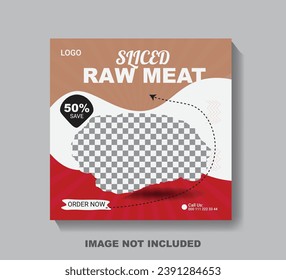 Con un fondo abstracto, logotipo e icono, este diseño de plantilla para un post en medios sociales o banner en línea promueve restaurantes de comida rápida. Volante o pancarta promocionando la venta online de pizza fresca, hamburguesa