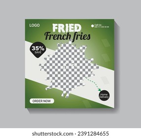 Con un fondo abstracto, logotipo e icono, este diseño de plantilla para un post en medios sociales o banner en línea promueve restaurantes de comida rápida. Volante o pancarta promocionando la venta online de pizza fresca, hamburguesa