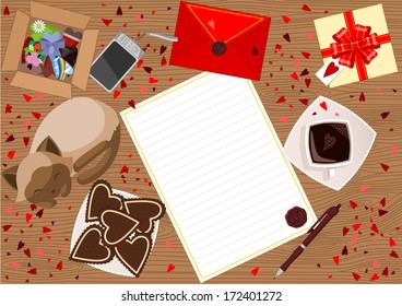 Abstract background with love letter and red envelope, gift, sleeping cat, biscuits on the plate and a box with heart shape presents on the wooden table.