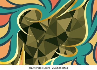 Abstract background with lowpoly and decorative wavy shapes. Artistic colorful wallpaper or backdrop with polygonal shapes and curls.