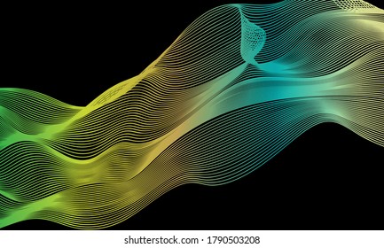 Abstract background with luminous energy swirling aurora lines over a black background with copy space for text and  messages. Wallpaper background. 